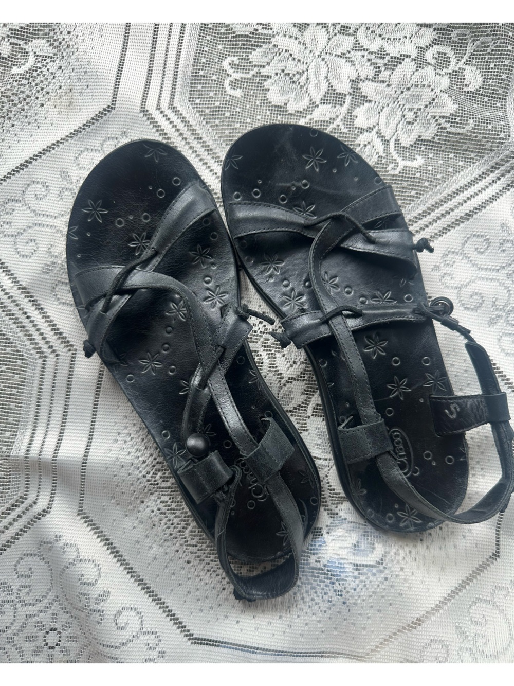 Chaco Black Floral-Embossed Strappy Sandals
